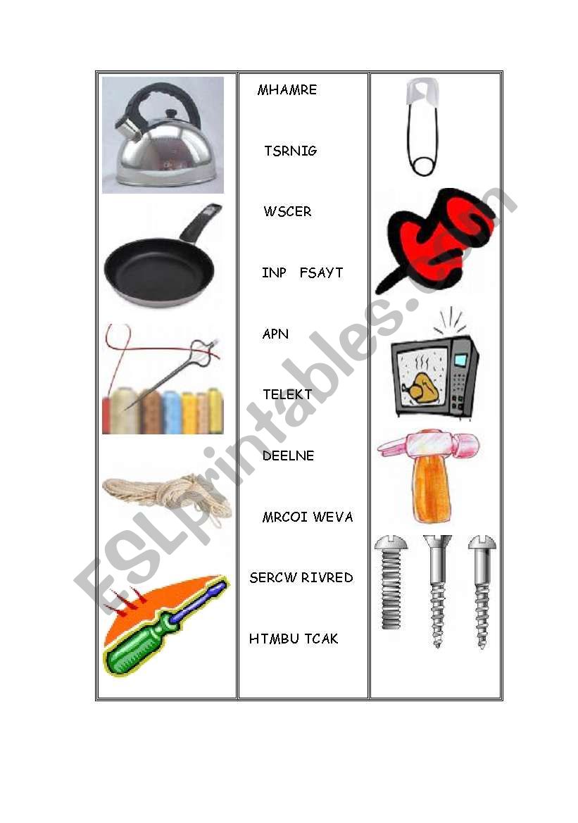English worksheets tools we use at home