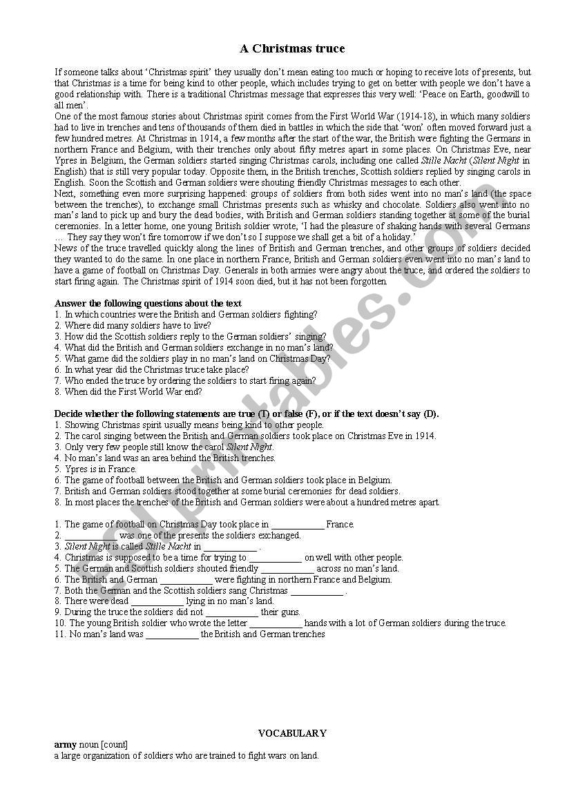 A Christmas Truce  worksheet