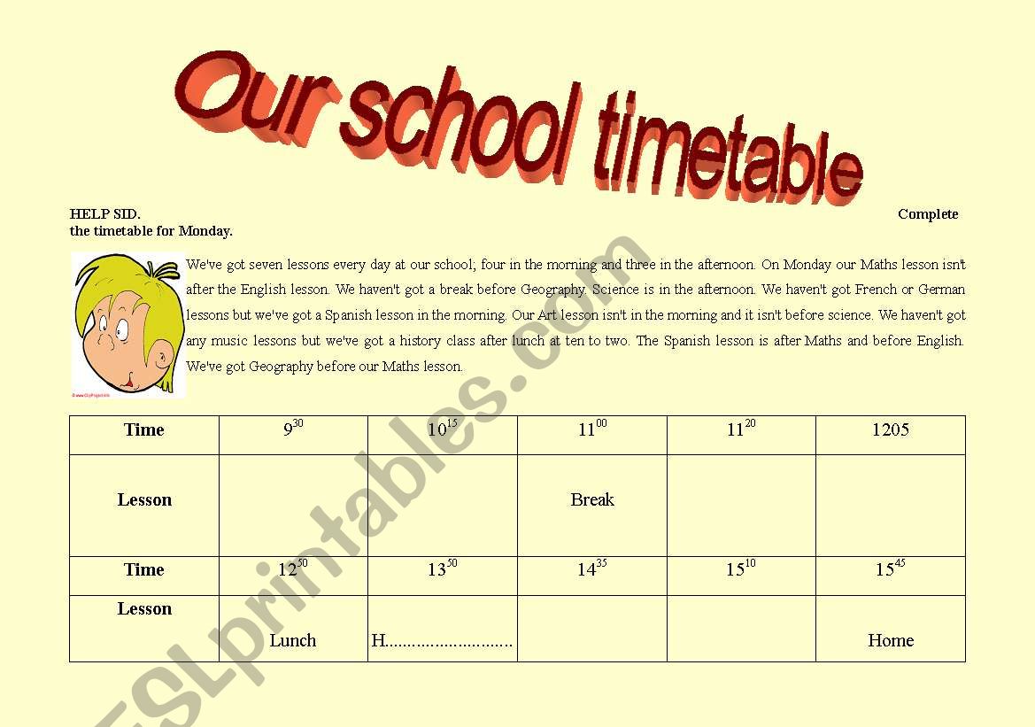 Timetable worksheet