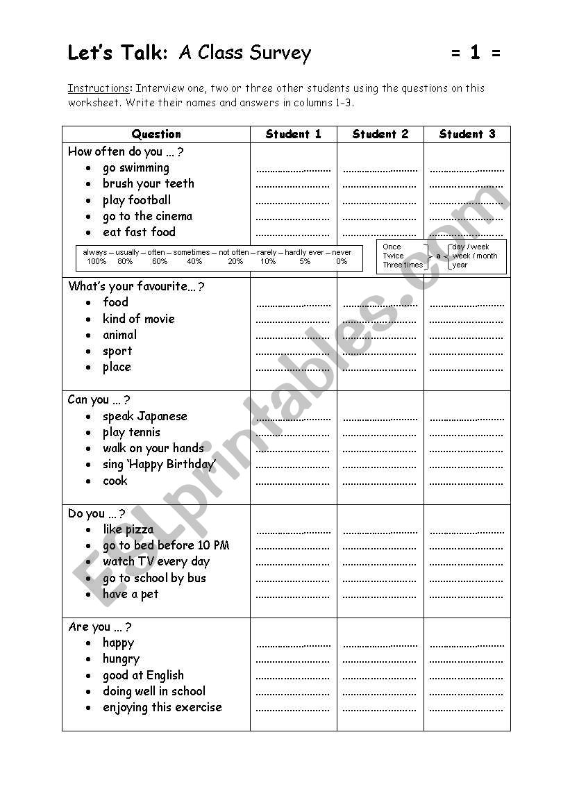 LetÂ´s Talk: A class survey worksheet