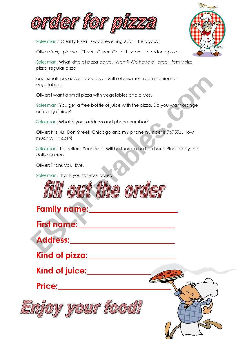 ordering a pizza worksheet
