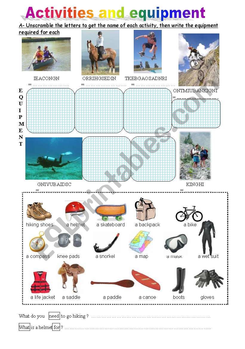 ACTIVITIES and EQUIPMENT (1) worksheet