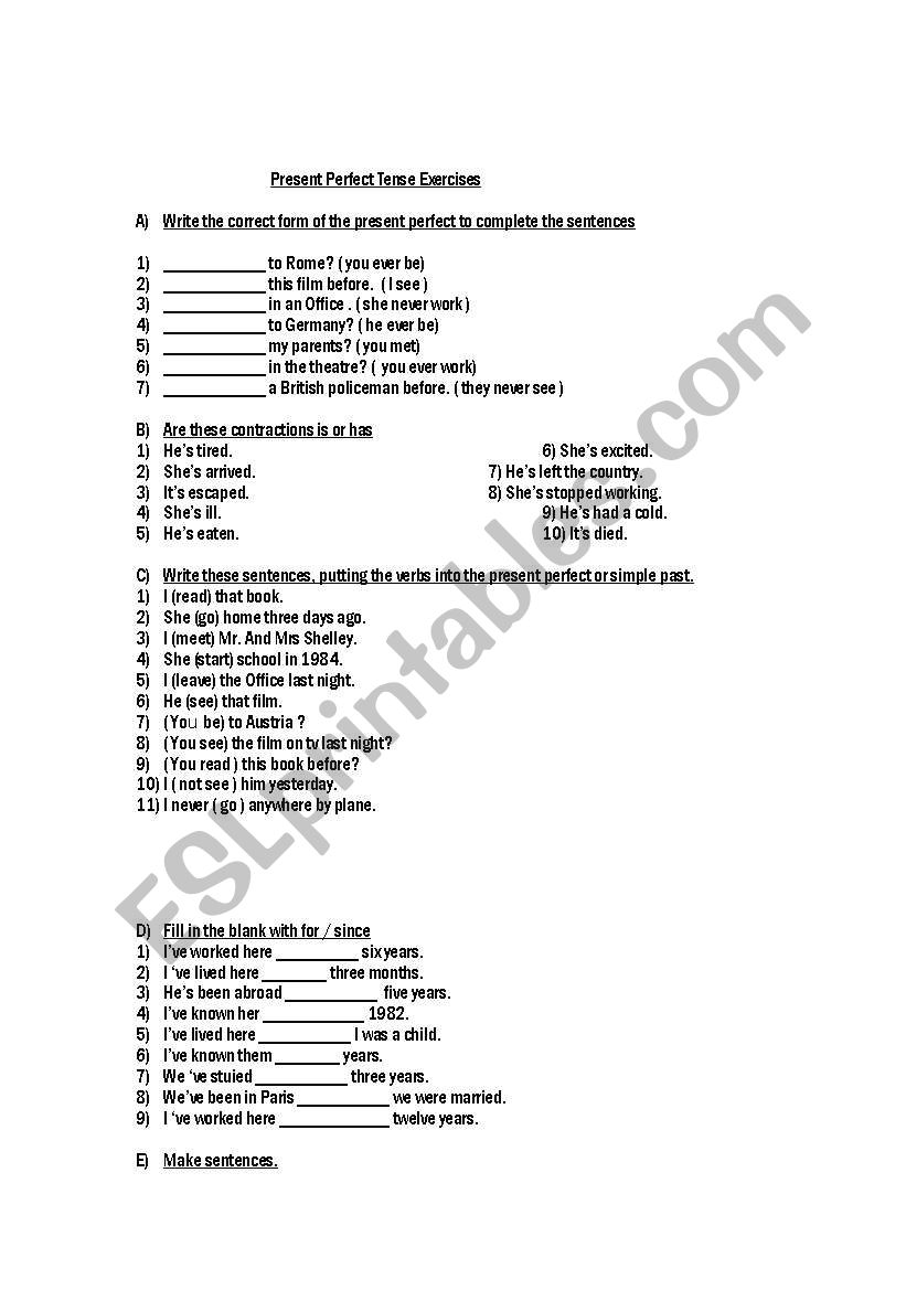 present perfect tense exercises