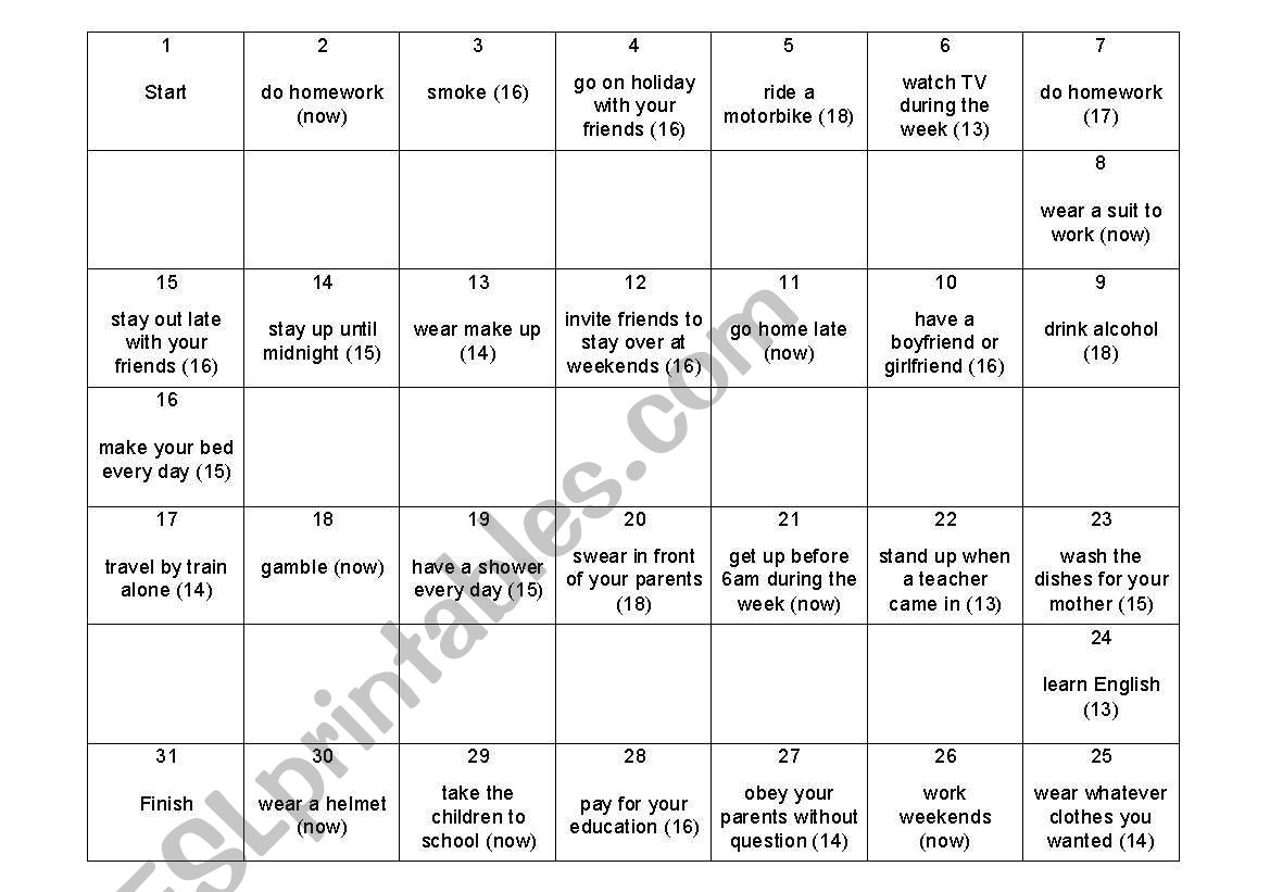 Modals boardgame worksheet