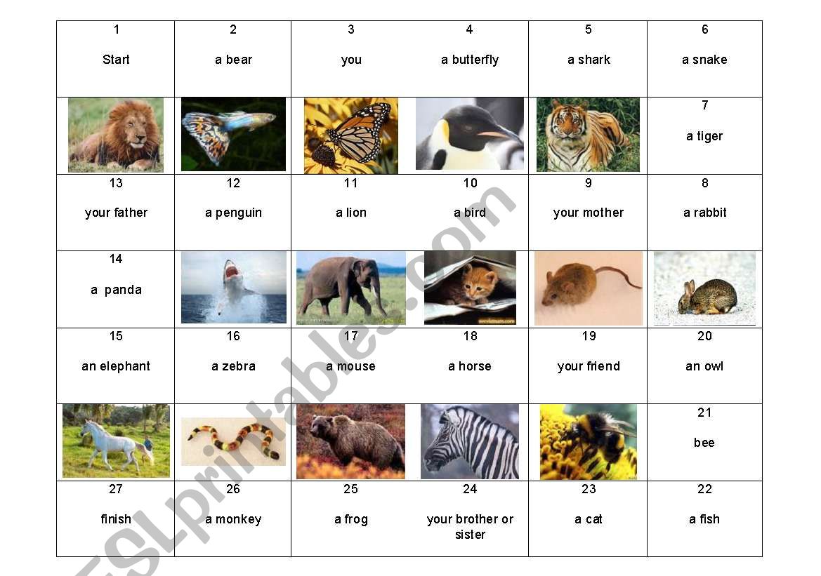 animal boardgame worksheet