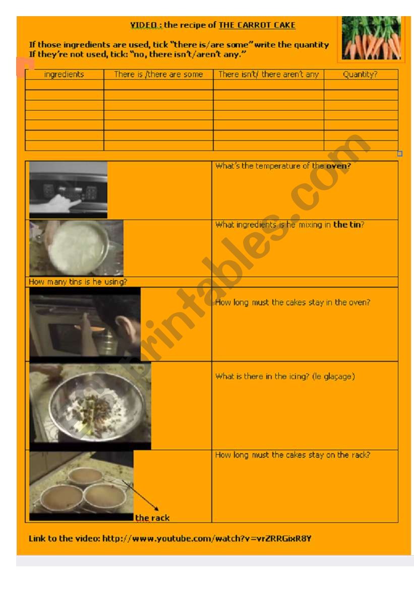 carrot cake worksheet there is/there are some/any: video link included