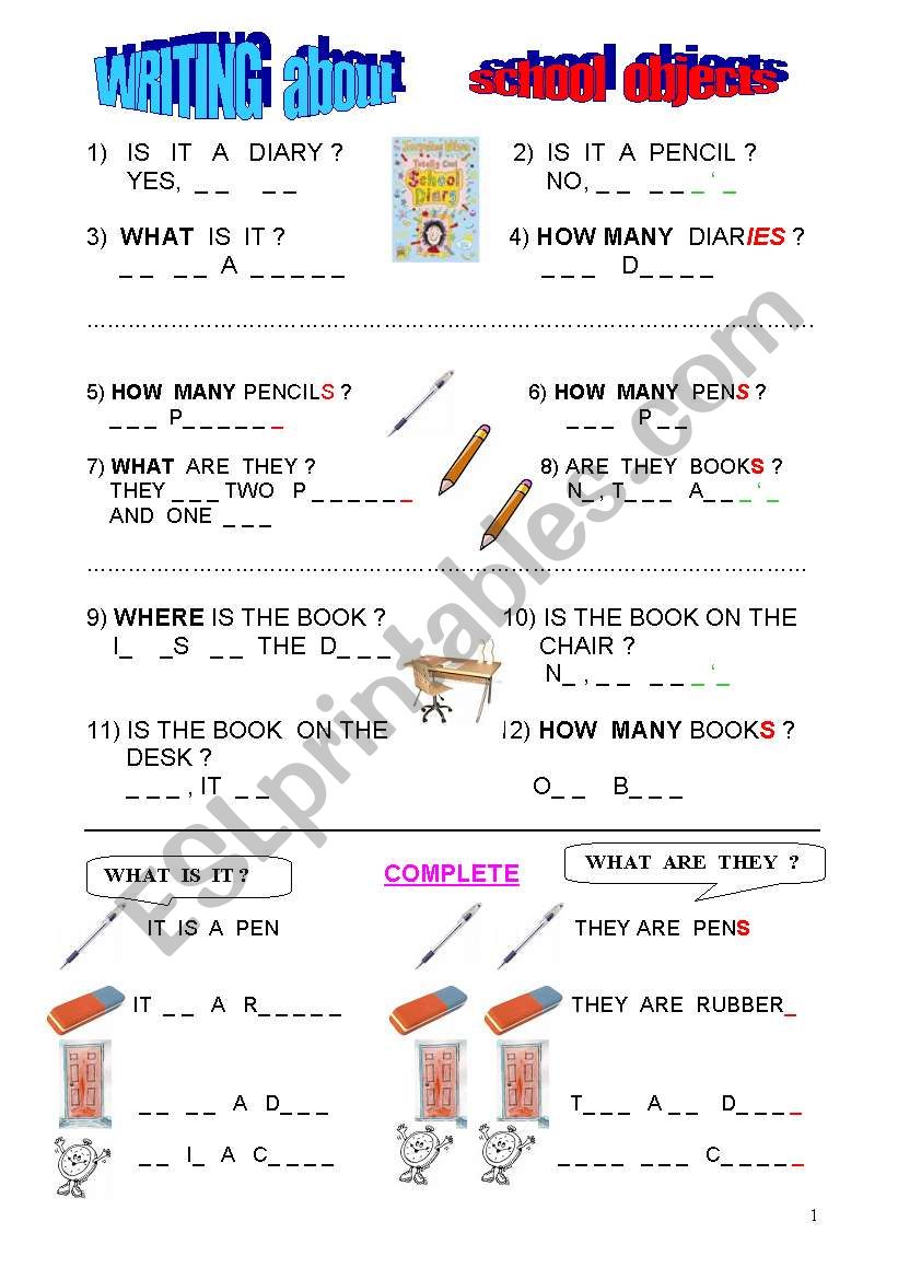 WRITING  ABOUT SCHOOL OBJECTS worksheet