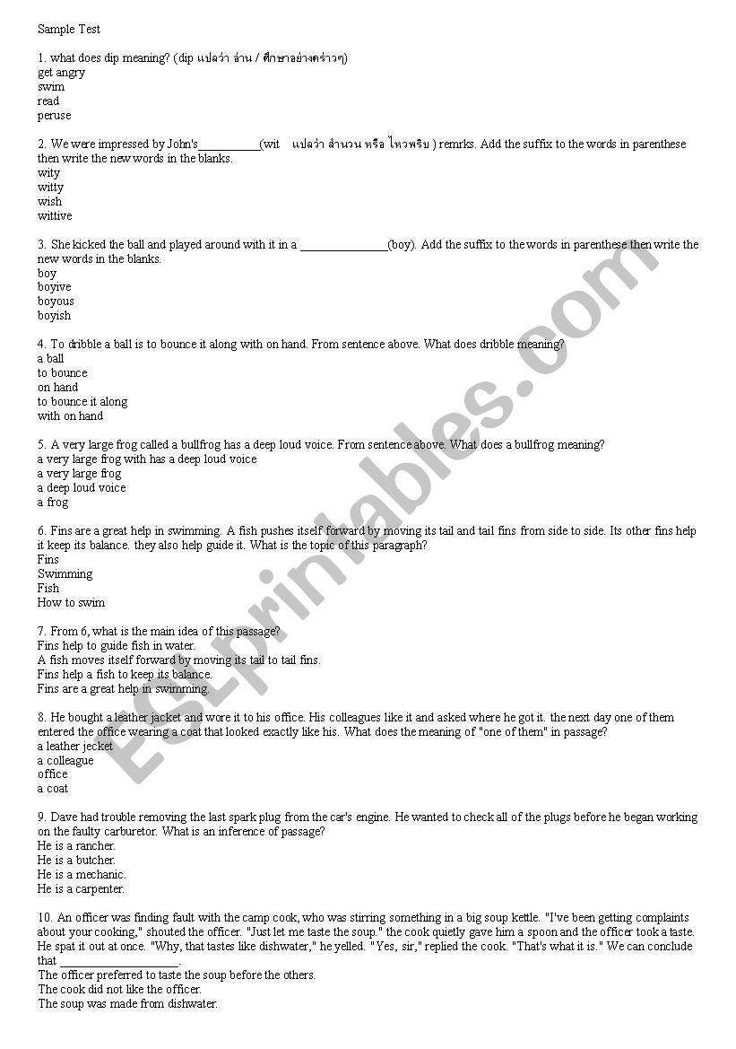 Sample test worksheet