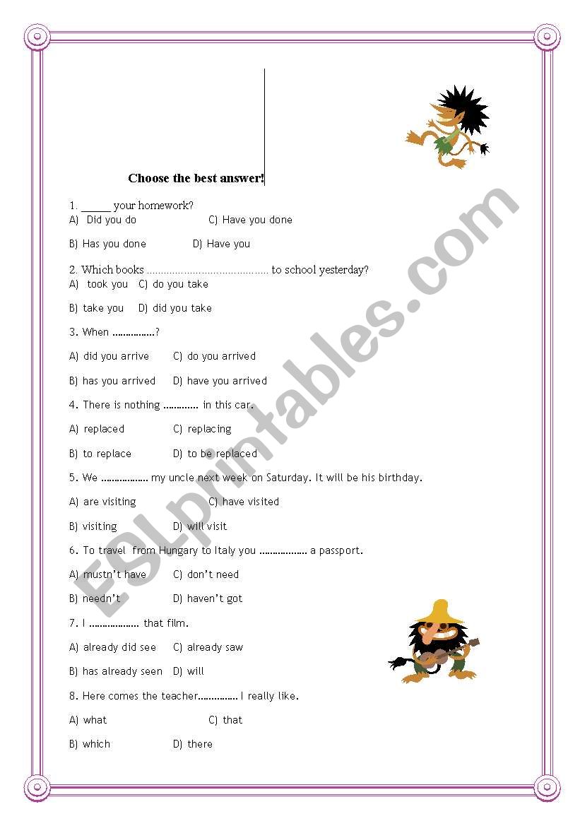 Choose the best answer worksheet