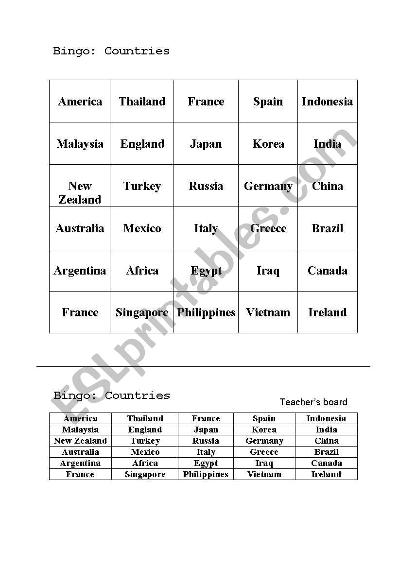 Bingo List on Countries worksheet