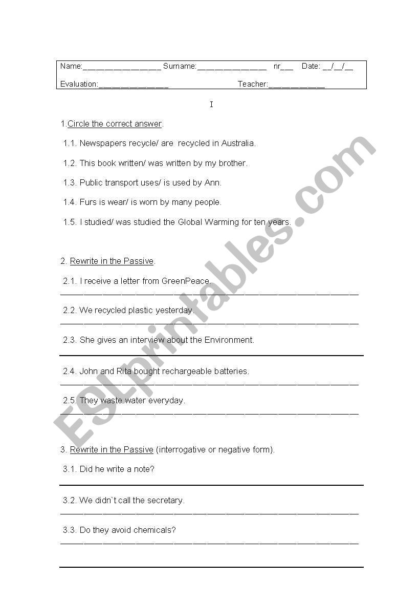 Passive Voice -Grammar Worsheet