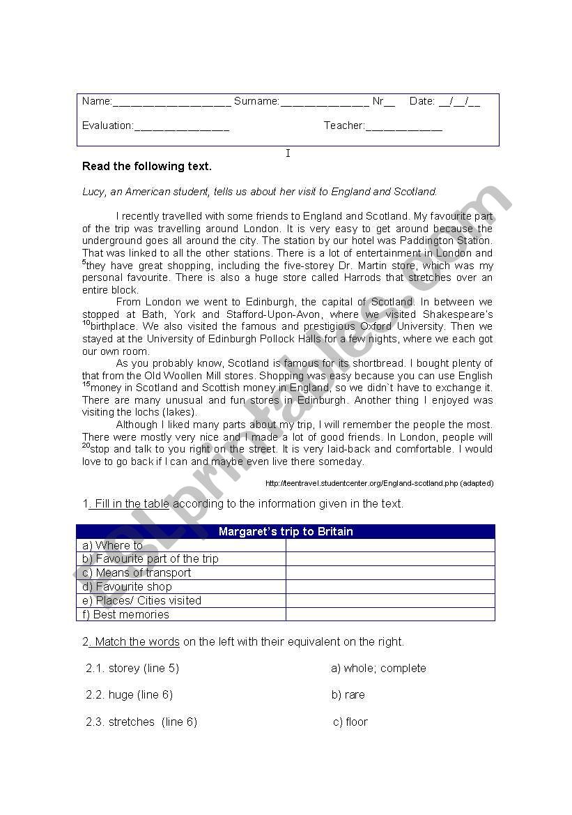 Test USA/uk worksheet