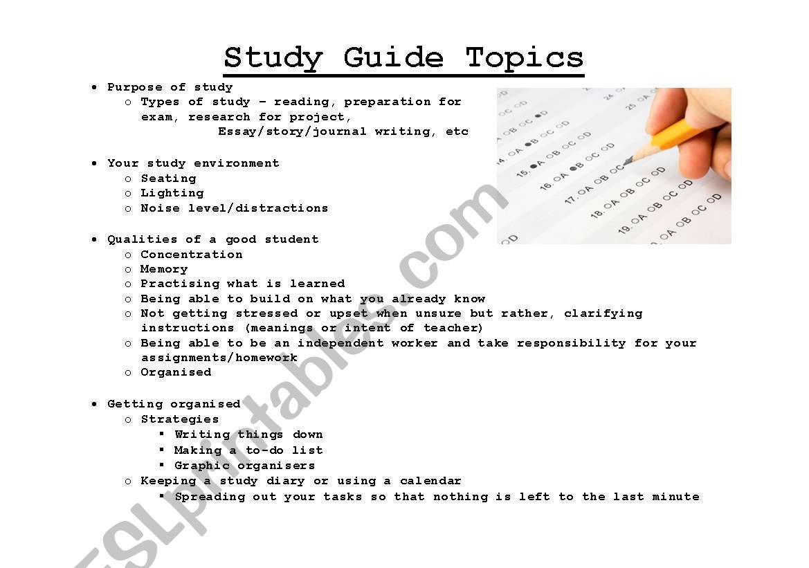 Study Guide Topics worksheet
