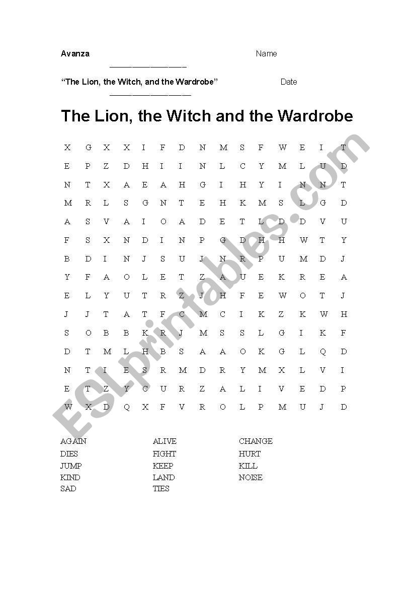 English worksheets Wordsearch The Lion, the Witch and the Wardrobe