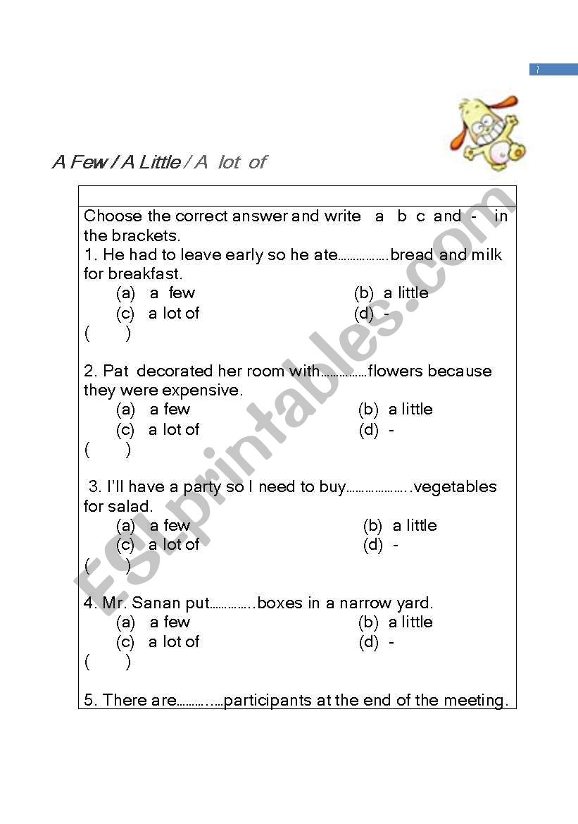 Little, a little, few, a few worksheet