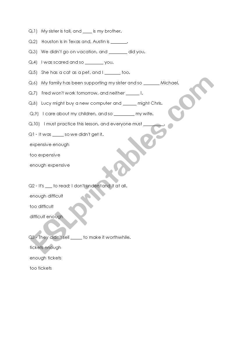 enough too enough  worksheet