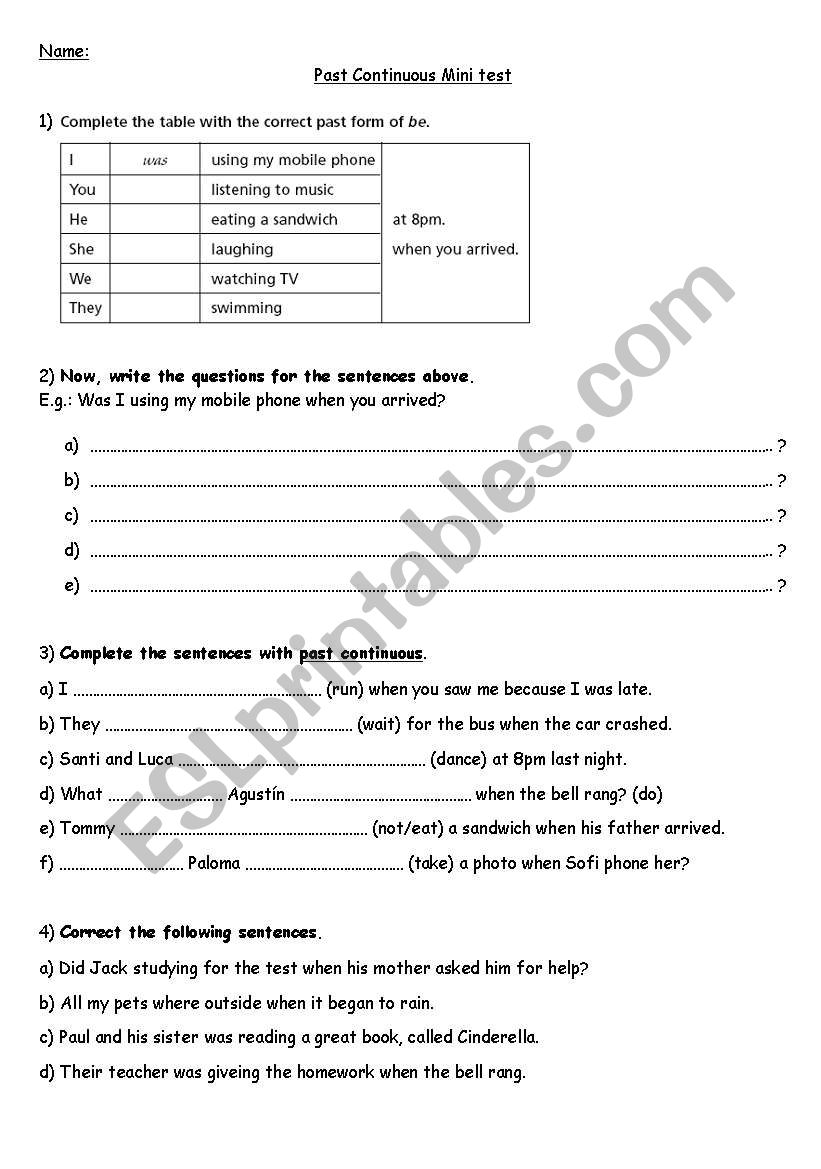 past continuous mini test  worksheet