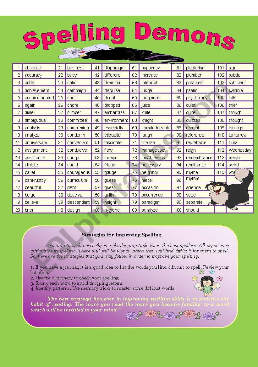 SPELLING DEMONS(25 OF THE COMMONLY MISSPELLED WORDS) - ESL Inside Commonly Misspelled Words Worksheet