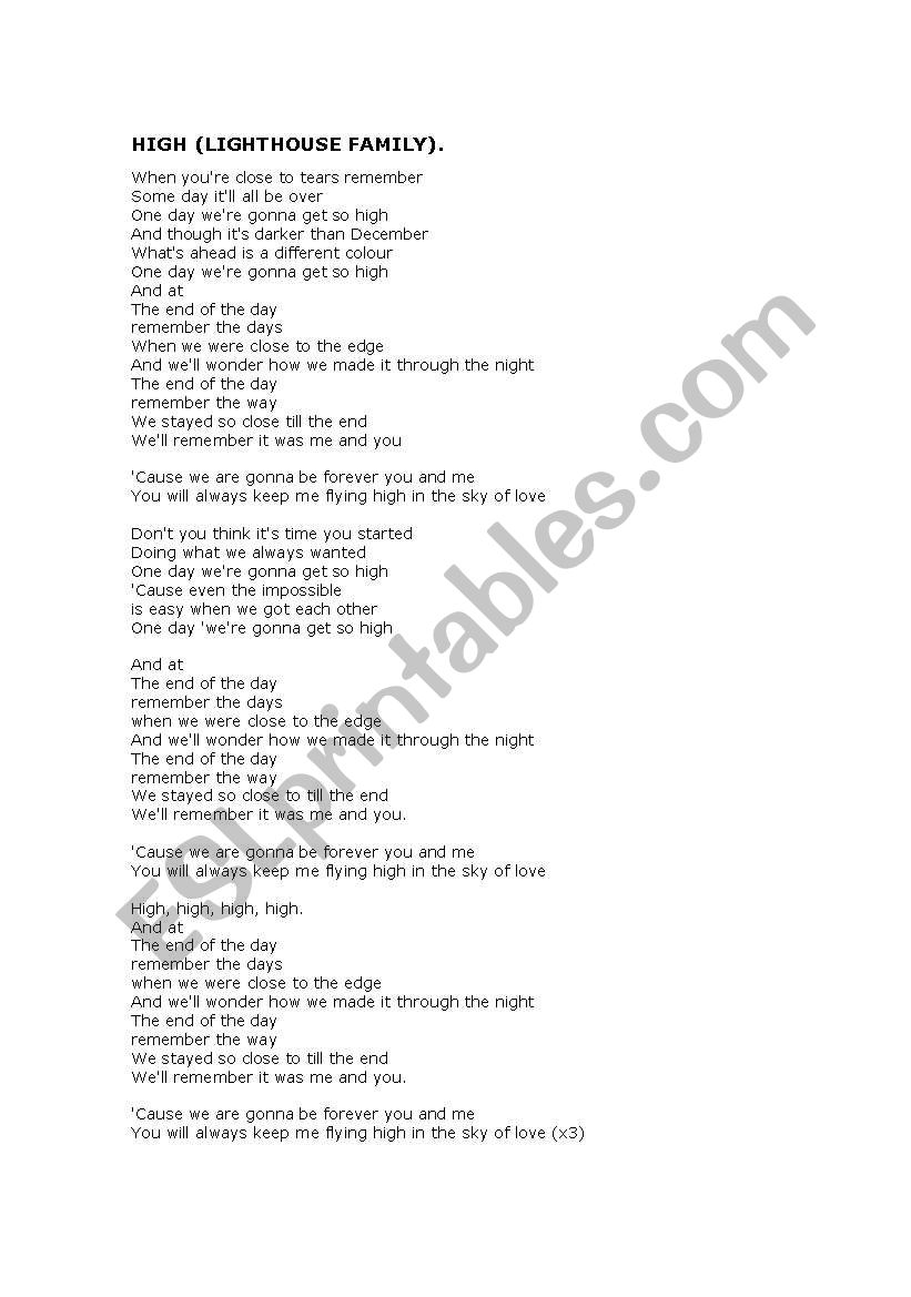 SONG HIGH .COMPLETED LYRICS worksheet