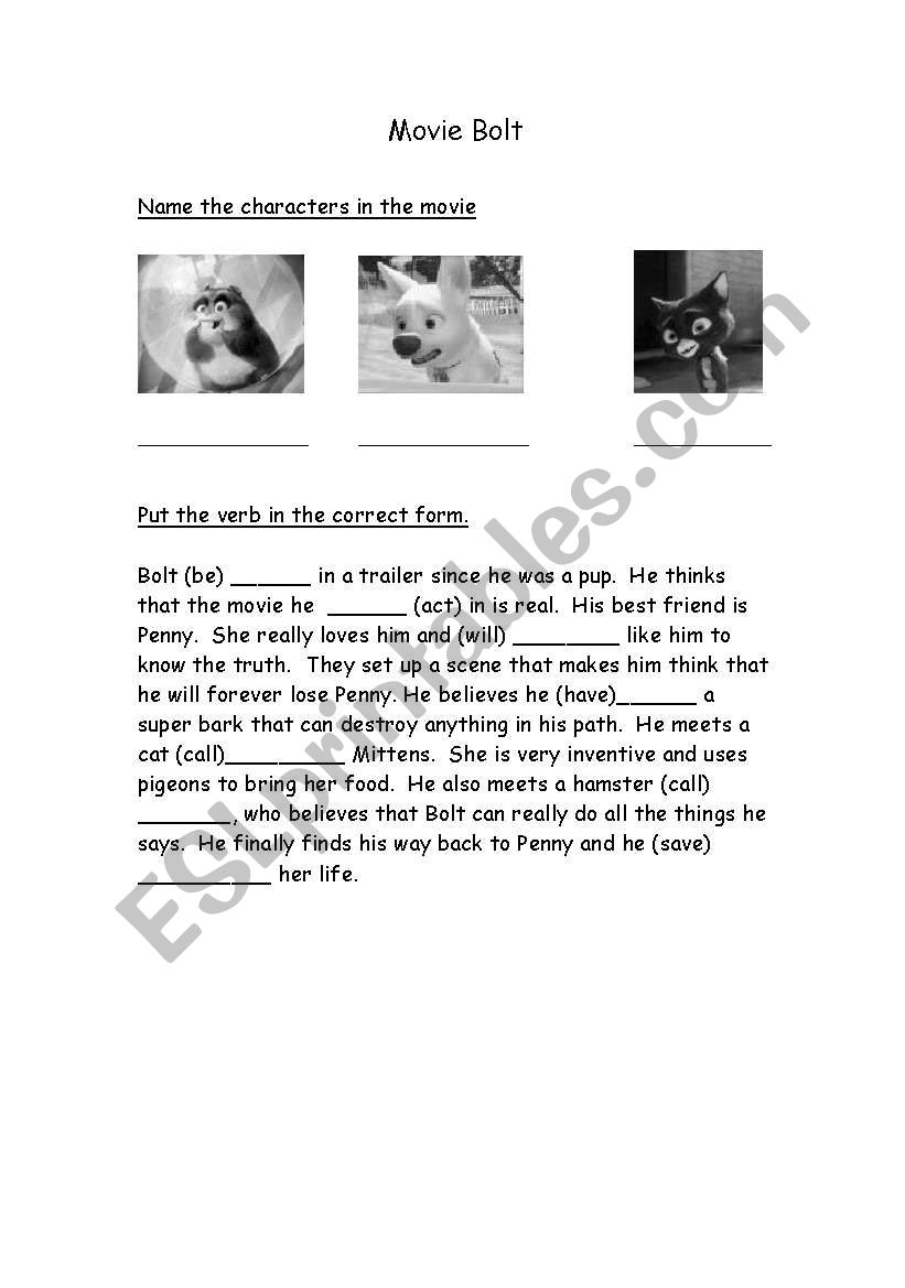 movie bolt worksheet