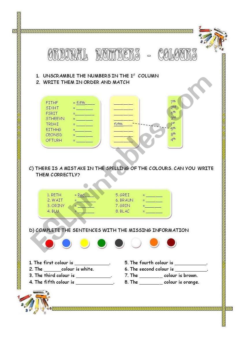 ORDINAL NUMBERS + COLOURS (2 pages)