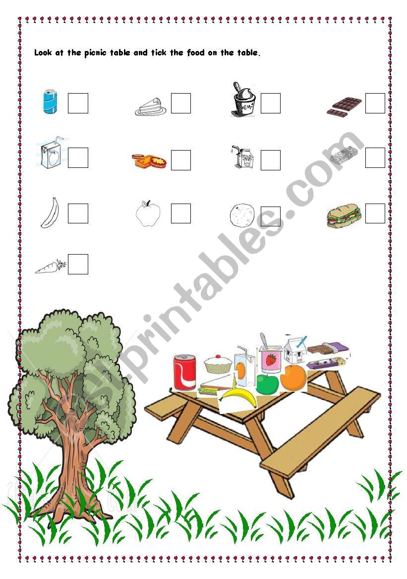 foods on the picnic table worksheet