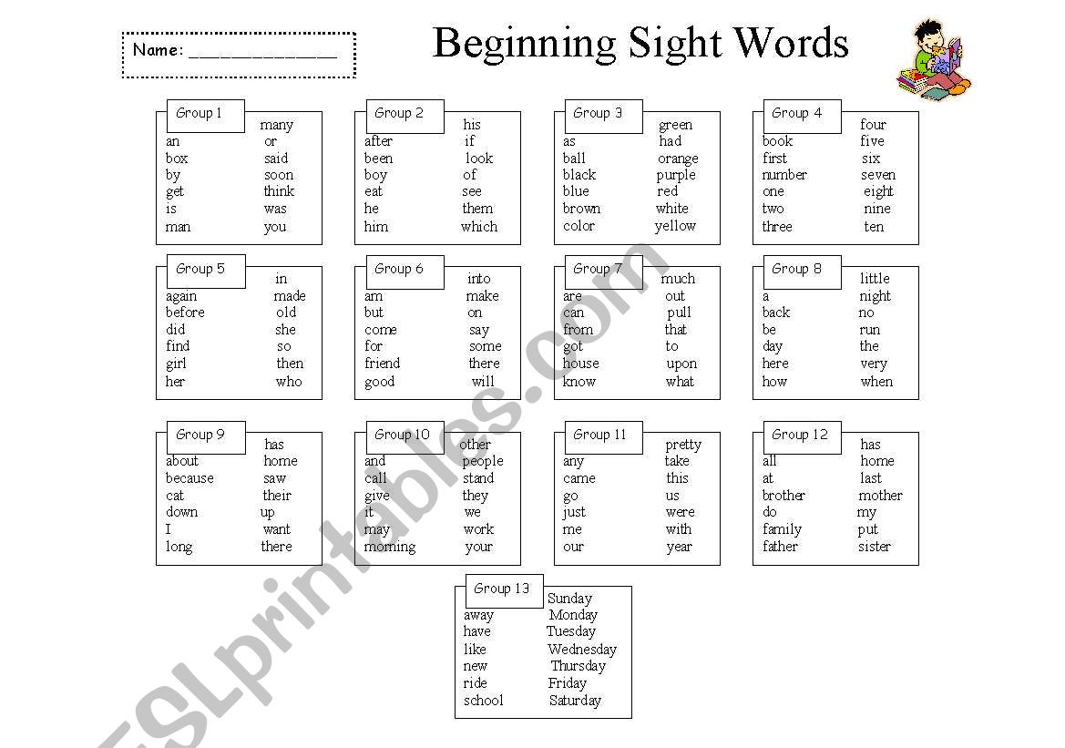 Beginning Sight Word List  worksheet