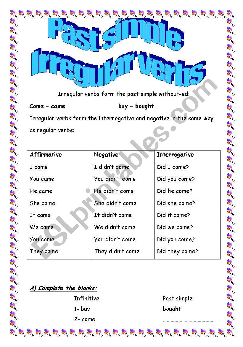 Past Simple Irregular Verbs worksheet