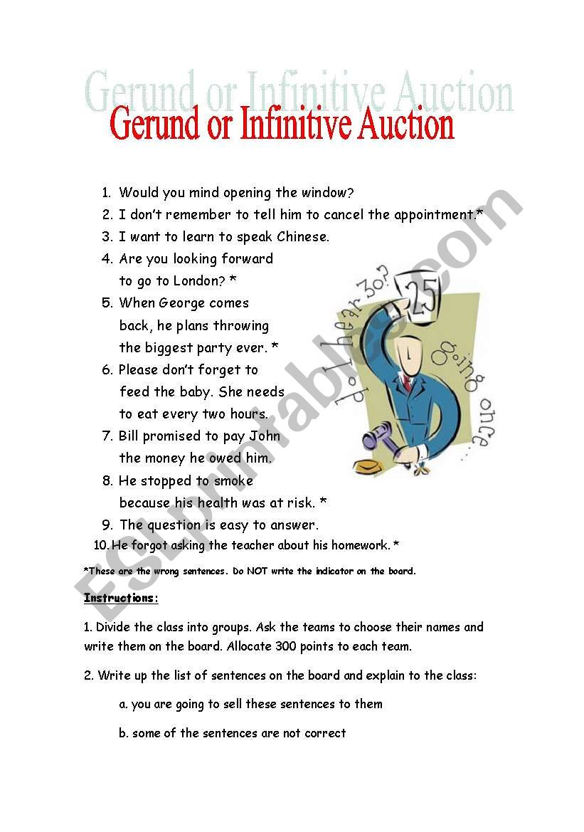 Gerund or Infinitive Auction worksheet