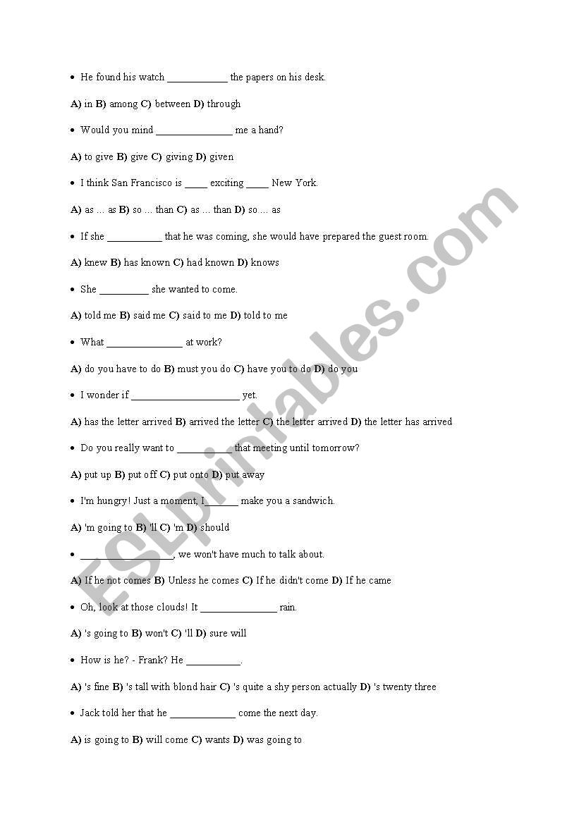 Intermediate grammar revision worksheet