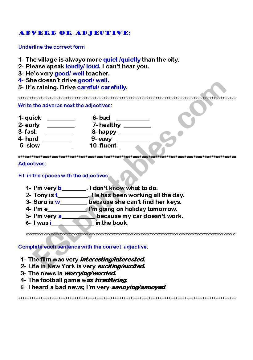 Adverbs/Adjectives worksheet