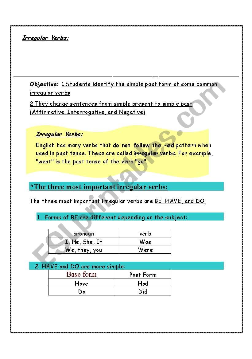 irregular verbs worksheet