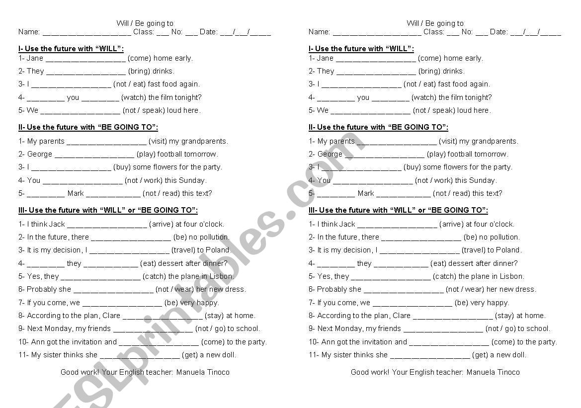 will / be going to worksheet