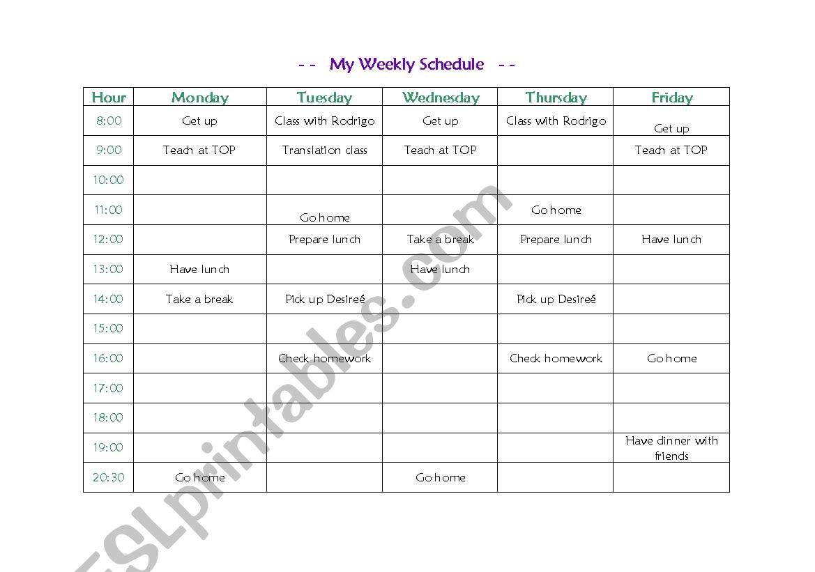 My weekly schedule worksheet