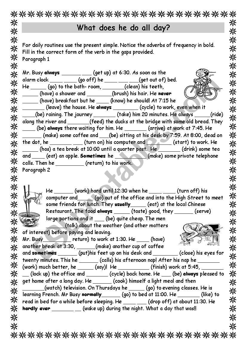 Mr Busy´s daily routine EASIER VERSION (present tense)