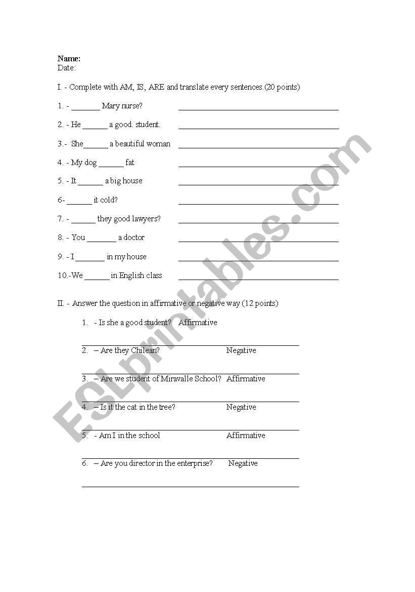 verb to be worksheet