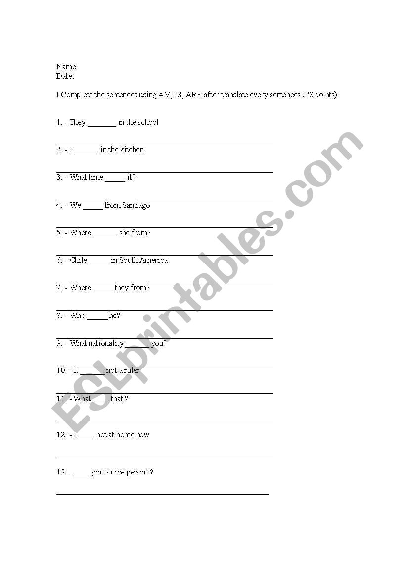 verb to be worksheet