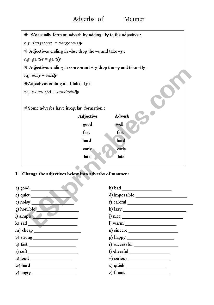 Adverbs of manner worksheet