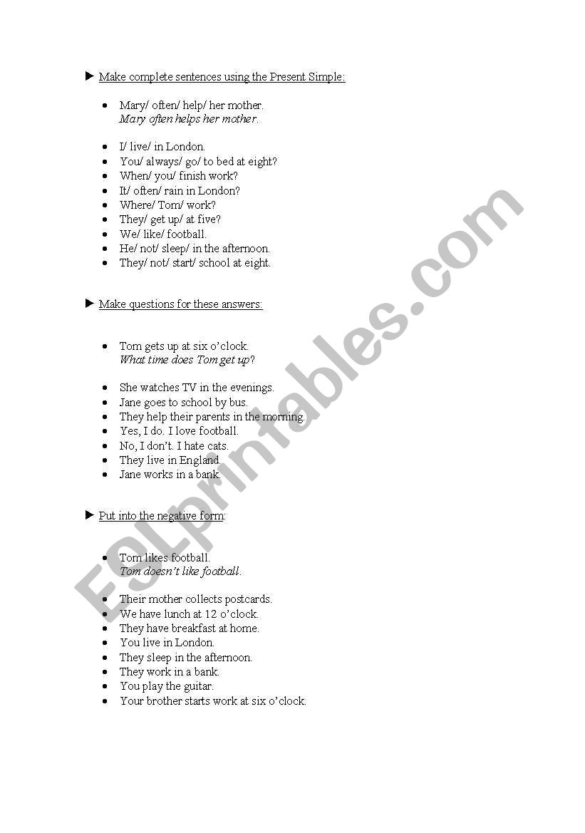 Present Simple exercises worksheet