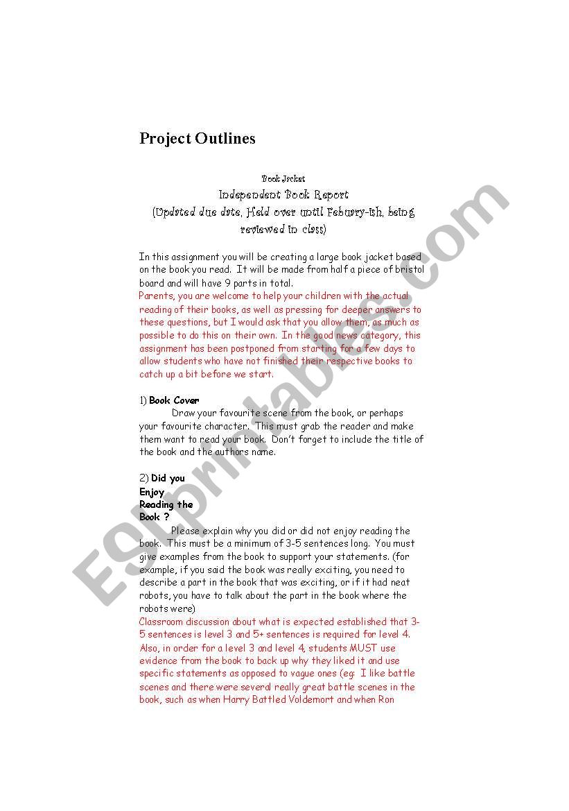 Book report project worksheet