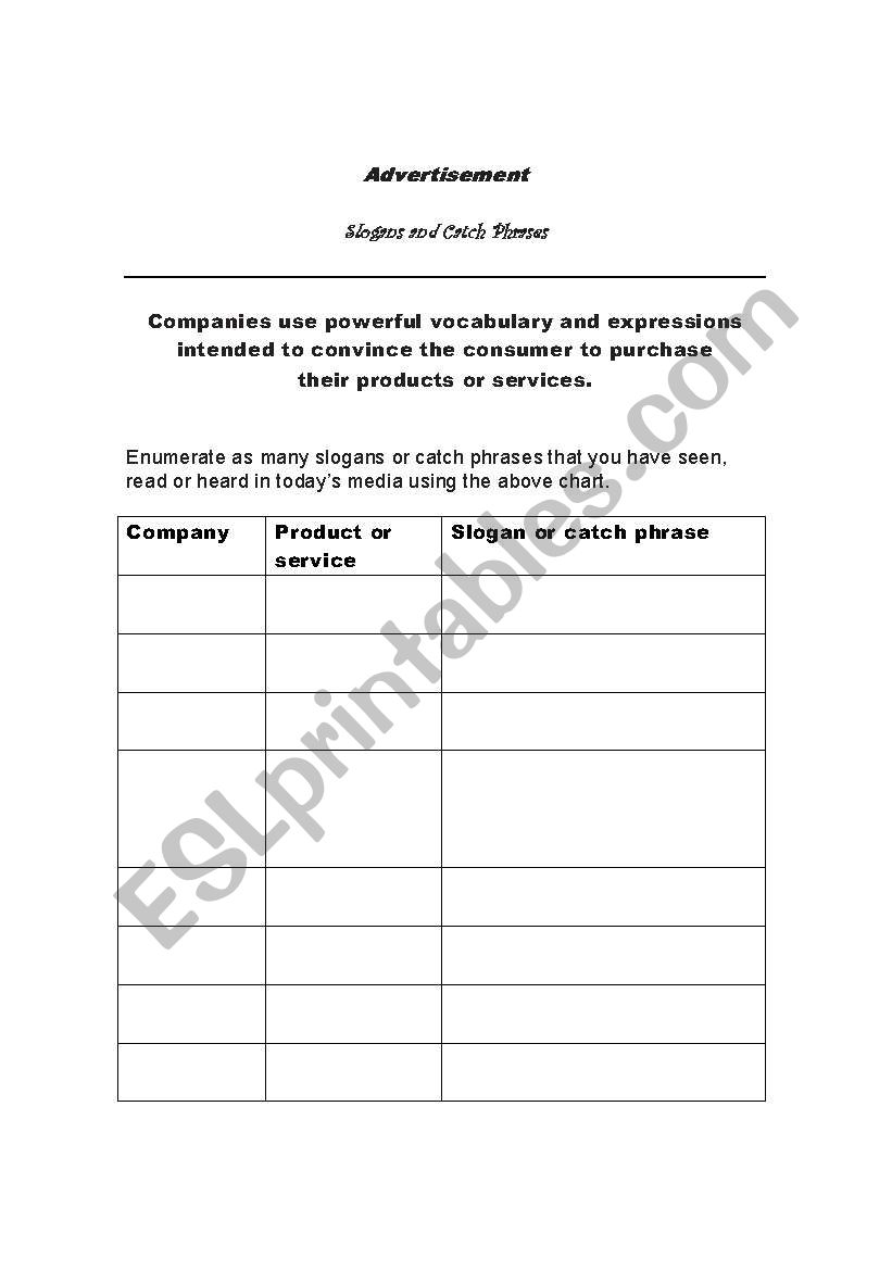 advertisement slogans worksheet