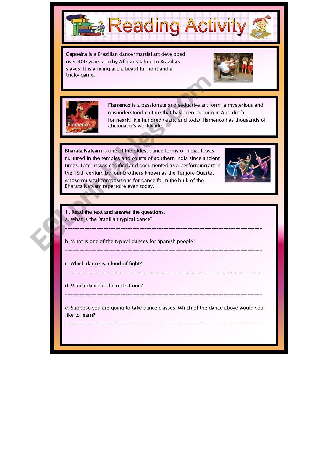 reading activity - kinds of dance - elementary