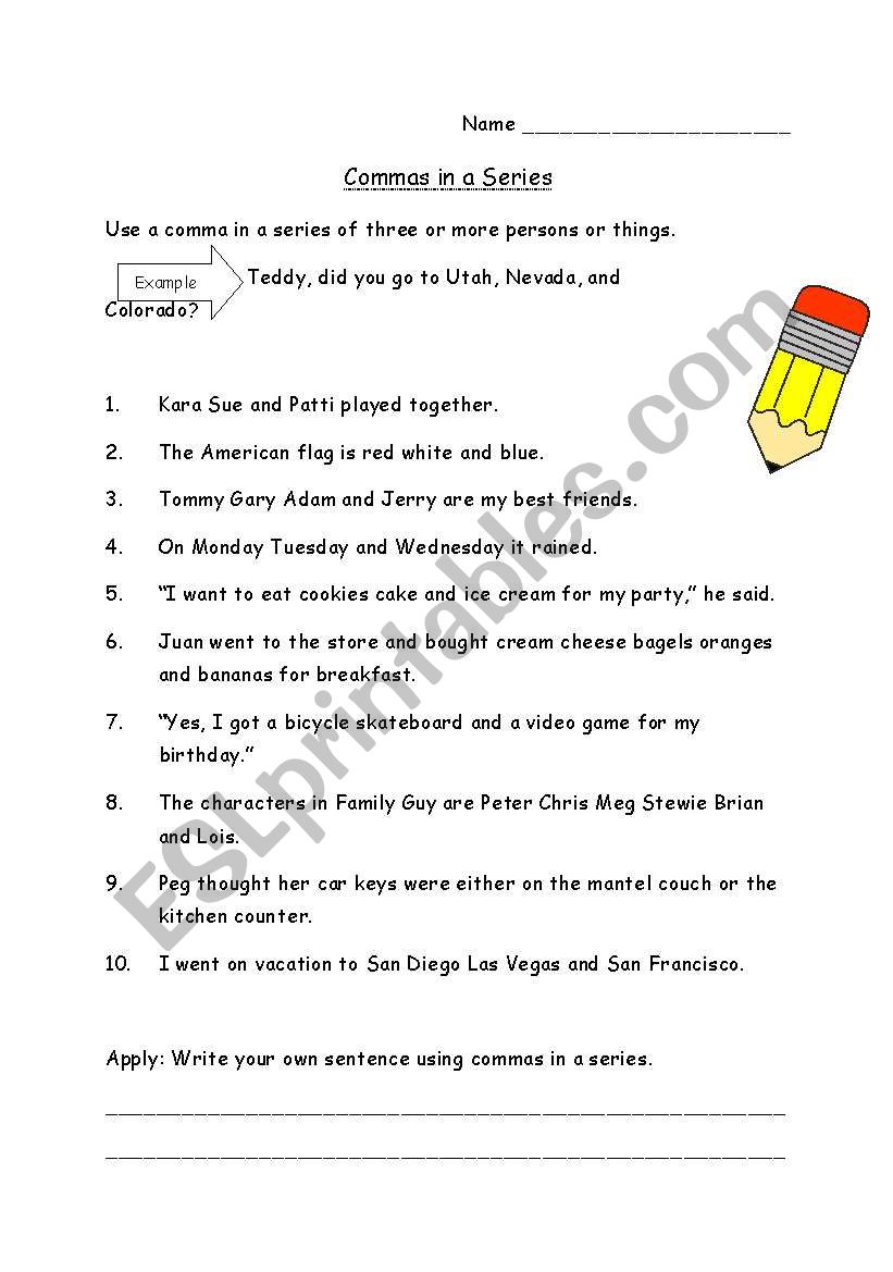 Commas in a Series worksheet