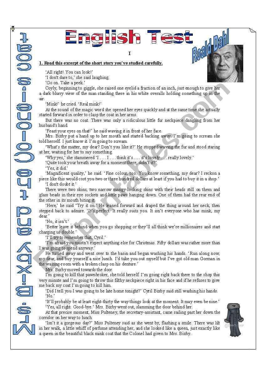 TEST on Mrs. Bixby and the ColonelÂ´s coat, by Roald Dahl