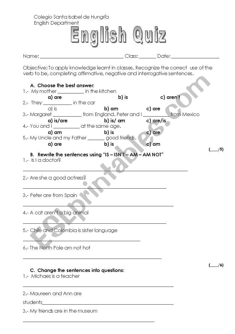 English quiz worksheet