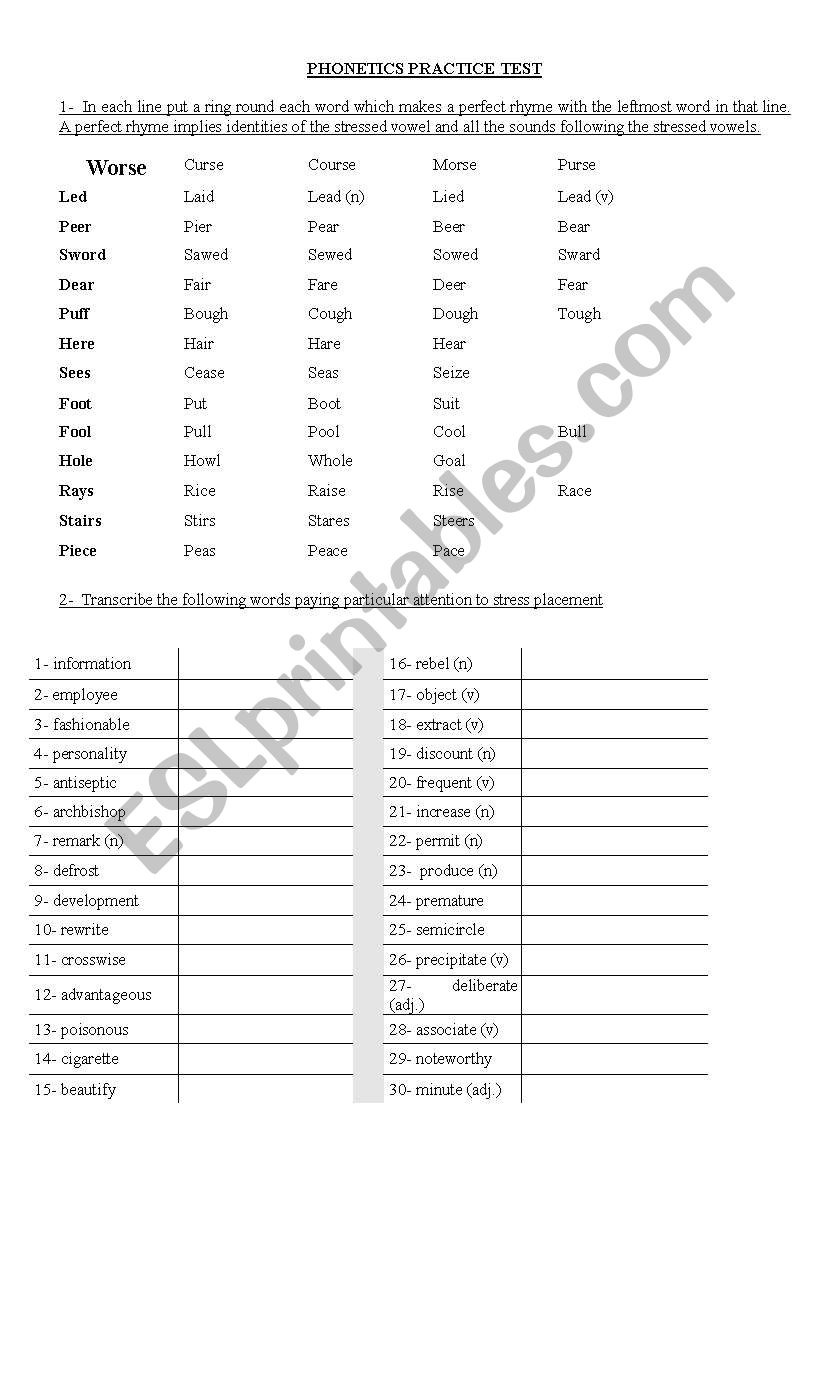 PHONETICS PRACTICE worksheet