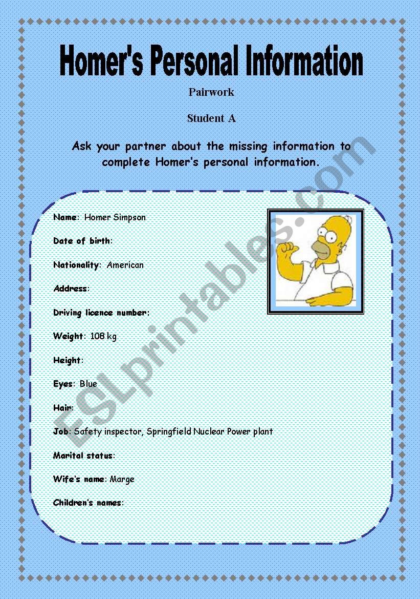 Homers Personal Information - Pairwork - Student A & B