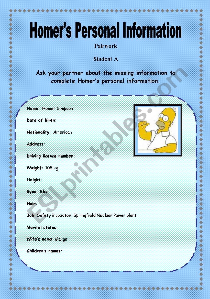 HomerÂ´s Personal Information - Pairwork - Student A & B