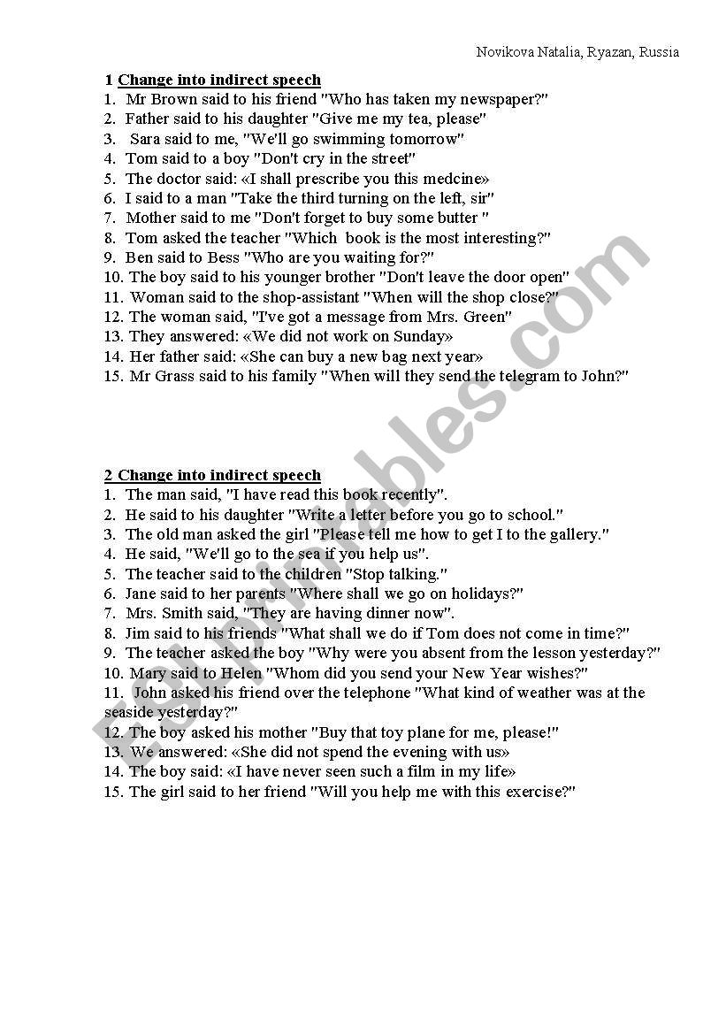 Test. Inderect Speech. worksheet