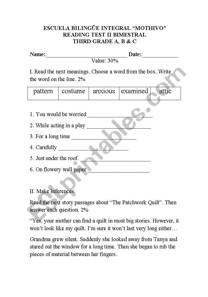 Reading Exam worksheet